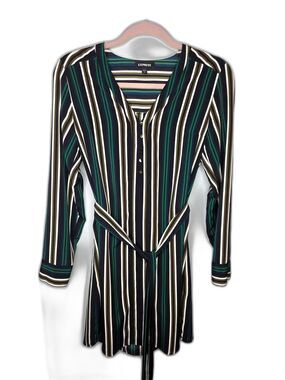 Express Women's Green and Black Striped Shirt Dress